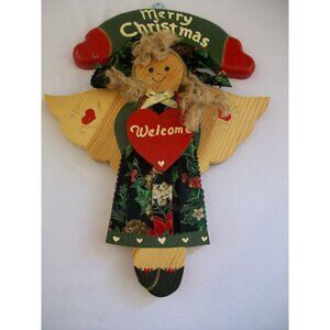Vintage 1999 Hand Painted Wooden Christmas Angel Sign Plaque JDI Inc Made Mexico